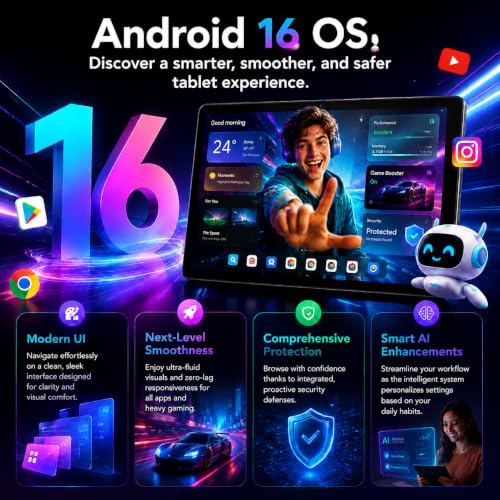 Image of 2026 Android 16 Tablet 11 Inch, 30GB+128GB 1TB Expand, 7800mAh Large Battery, Wi‑Fi 6 & BT 5.4, Widevine L1, Face Unlock, HD IPS Touchscreen, Dual Camera, Black