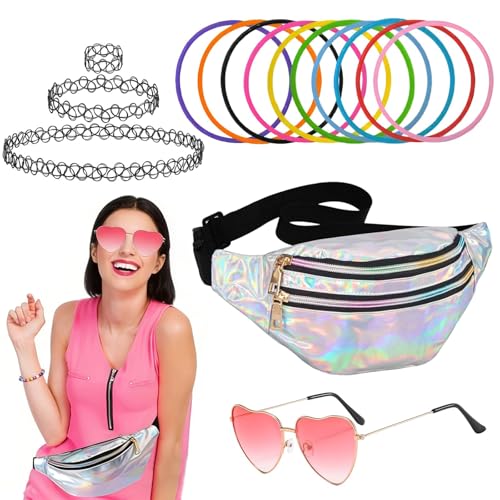 Costume Anni 80 Donna, Set Accessori Festa Donna, con Marsupio, 10 Braccialetti Silicone, Occhiali a Cuore e 3 Choker Neri, Kit Travestimento per Party Anni 80 90 Carnevale e Festival