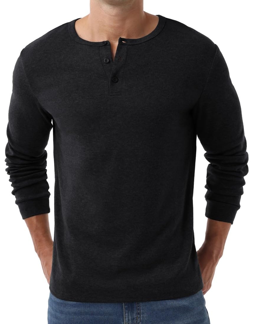 PrinStory Henley T-shirt à manches longues pour homme Coupe ajustée Col en V avec bouton