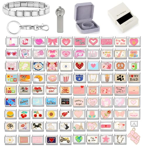 papasgix Custom Italian Charm Bracelet Charms Silver Set 10 Personalized Stainless Steel Charm Brascelets 9mm Assorted Italian Charms Bracelet Links Handmade DIY Jewelry Pink