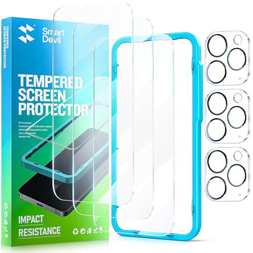 SMARTDEVIL 3 Pack Screen Protector for iPhone 15 Pro Max with 3-Pack Camera Lens Protector, 9H Clear Tempered Glass Film [Military Grade Shatterproof], Alignment Frame [Easy Installation] iP