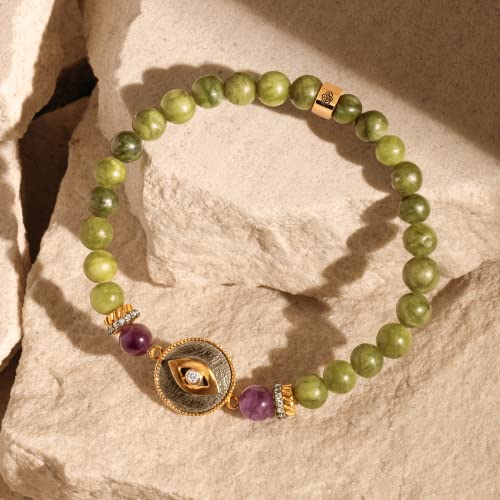 KARMA AND LUCK – Defensive Trio Jade Evil Eye & Transportive Energy Jade Hamsa Beaded Bracelet | 18K Gold-Plated Brass | 6.5" Stretch | Handmade in Jaipur4