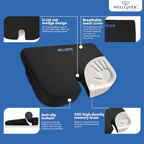 Image of WELLGIVER Memory Foam Car Seat Cushion for Driving - Orthopedic Seat Cushion for Car & Office Chair, Tailbone & Sciatica Pain Relief, Ergonomic Coccyx Support Pillow with Breathable Cover