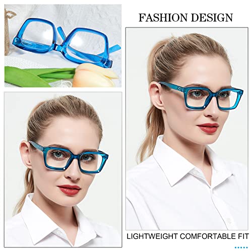 MARE AZZURO Oversized Reading Glasses Women Retro Square Readers 100 125 150 175 200 225 250 275 300 350 (Clear-blue, 3.0)