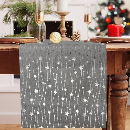 GEBETTER Camino de Mesa Navidad 28x275cm Poliéster Color Arpillera Yute Lino Gris Rústico Estrellas Plateadas Decoración Mesa Adorno Navideño Chimenea Manualidades Regalo Fiesta (Estrellas Plata)