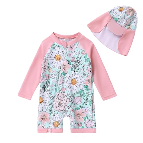 Toddler Baby Girls Swimsuit One-Piece Zipper Swimwear UPF 50+ Sun Protection Bathing Suit with Hat