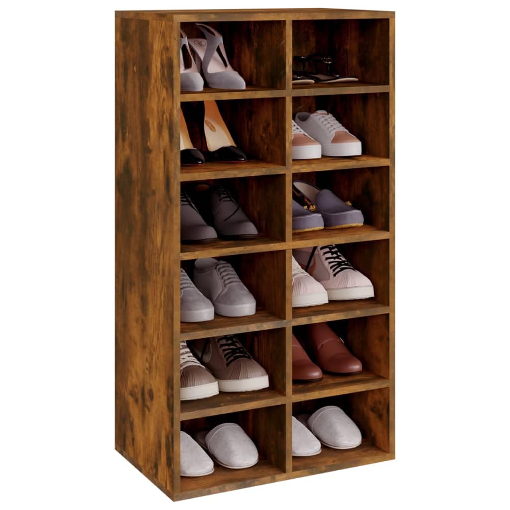 Scarpiera in legno di rovere affumicato, 54 x 34 x 100,5 cm, con 12 scomparti, armadio salvaspazio per corridoio, ingresso, organizer moderno per scarpe, sistema di organizzazione