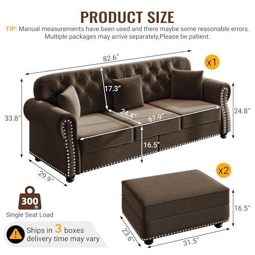 Image of KEIKI 83 inch Velvet Chesterfield Sofa with Rolled Arms & Nailhead Trim & 2 Ottoman, Modern 3-Seater Button Tufted Couch with High Resilience Cushion & 3 Pillow, Easy Assembly, for Living Room, Brown