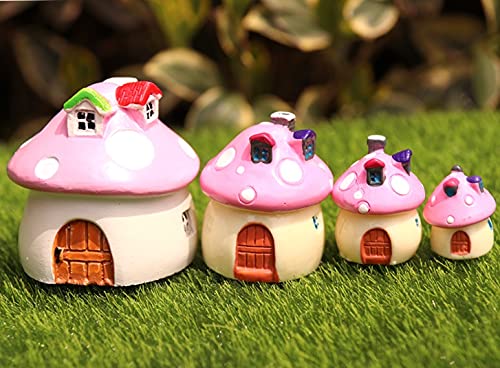 Cute 4Pcs Sizes Miniature Ornaments Set Resin Mini Mushroom House For Figurine Fairy Garden Craft Bonsai Terrarium Decor Micro Landscape Decoration Moss Dollhouse (Pink)