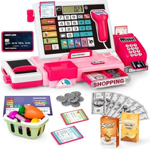 Image of SHAKTISM Cash Register with Lights & Sounds for Pretend Play Electronic Toy Set with Scanner Shopping Basket Grocery Best Gift for 3+ up Ages Kids Boys & Girls (Cash Register 818)