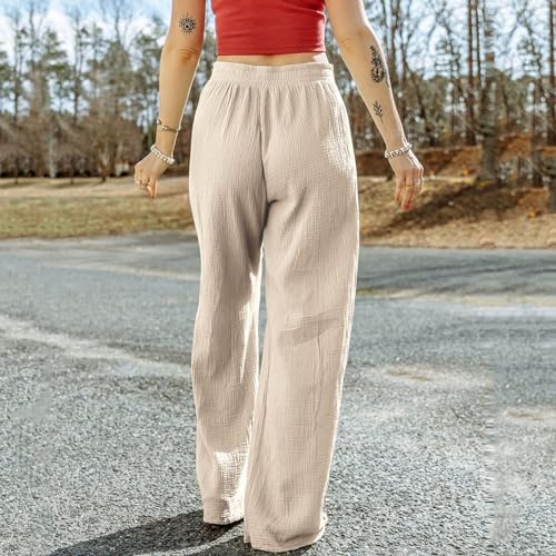Wide Leg Linen Pant Woman Summer Beach Drawstring Elastic High Waist Palazzo Pant Cotton Linen Trousers with Pockets4
