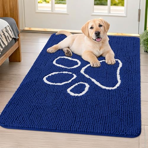 Image of Smiry Dog Door Mat for Muddy Paws, Absorbent Dirt Trapper Non Slip Quick Dry Washable Chenille Mat for Mud Dogs, Entry Rug for Indoor and Outdoor (40x32 Inches, Navy Blue and White)
