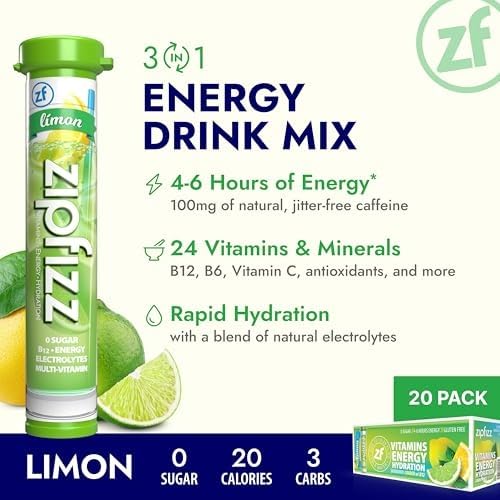 Image of Zipfizz Daily Energy Drink Powder, Limon, 20 Pack | 3-in-1 Sustained Energy, Rapid Hydration, and Essential Vitamins | Sugar-Free | Electrolyte Powder | Contains Vitamin B-12 & Antioxidants