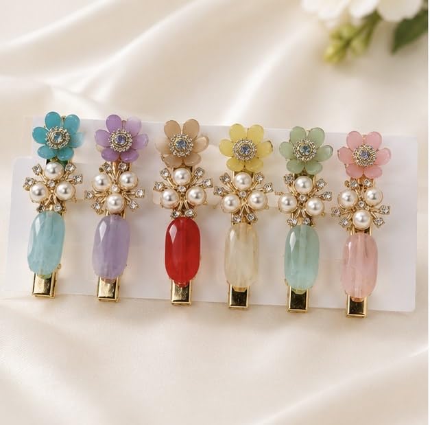 URBANDICE Pack of 6 Floral Pearl Hair Clips for Women & Girls, Korean Style Flower Hair Barrettes, Decorative Crystal Hair Pins, Multicolor Fashion Hair Accessories for Daily Wear, Party & Wedding-image-3