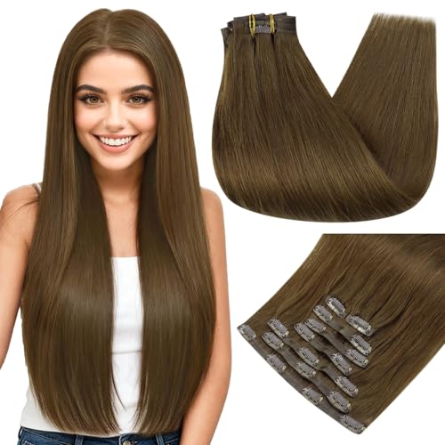 Image of Full Shine Brown Human Hair Clip in Extensions, Medium Brown | Seamless Clip in Hair Extensions, Invisible PU Weft Remy Human Hair for Women 18 Inch 120g 8Pcs