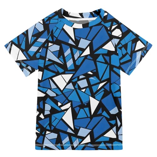 ALAZA Kids Rash Guard Boys Toddler Swim Shirts Short Sleeve Blue White Geometric Shard UPF 50+ 3T