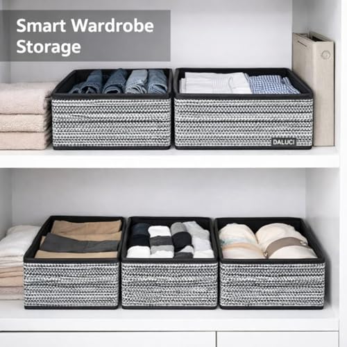 Image of DALUCI 6 Piece Foldable Clothing Storage Box Set | Cube Storage Bins and Dividers for Wardrobe Cloth Organizer for Storage Cupboard and Drawer Organizers for Shirts Pants Underwear Bras Socks (Black)