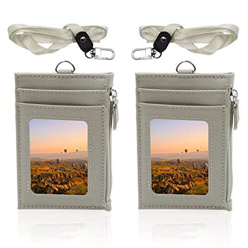 Porte-badge lot de 2 en cuir gris avec cordon amovible et 4 emplacements