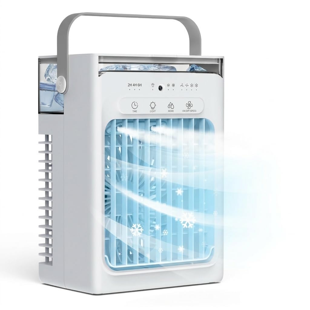 Aire Acondicionado Portátil con Depósito 1000ml, 3 en 1 Climatizador Evaporativo con Humidificador, 4 Velocidades,Temporizador,Luz LED Mini Ventilador Aire Frío para Dormitorio Oficina Camping