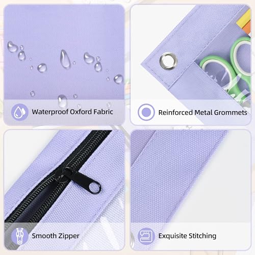 Image of Lanpn Pencil Pouch for 3 Ring Binder 6 Pack, Purple Binder Pen Bags with Zipper, Cute 3 Holes Pencil Pouches Organizer for Boy Girl Kids School Student, Reinforced Grommets & Clear Window