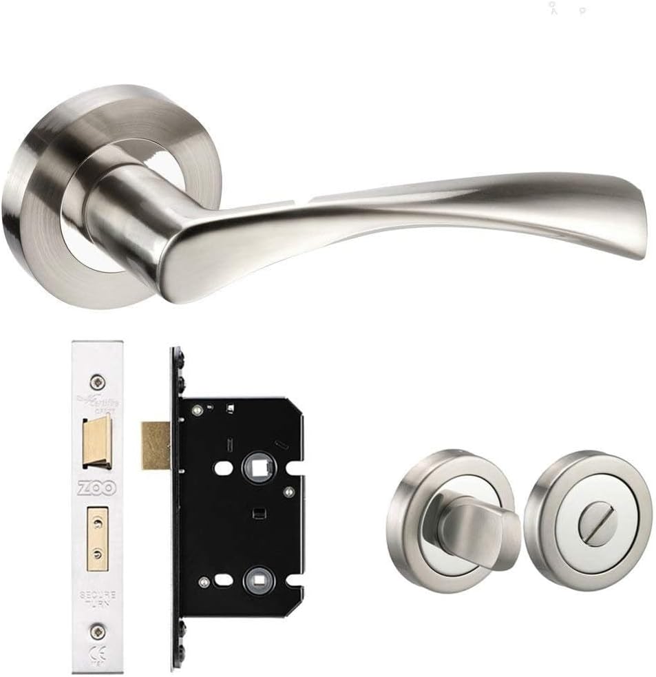 Astrid/Twirl Internal Door Handles Lever On Rose - Dual Finish Polished Steel/Satin Steel, Latch, Bathroom & Key Lock Sets (Bathroom Set)