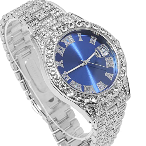 Halukakah Diamond Watch for Men - The Royal - 18K Real Gold/Platinum White Gold Plated & Handset Diamonds Iced Out,42MM Width Green/Blue/Red Dial Wristband 9.5”,Cuban Link Chain 8"+18",Comes with Giftbox4