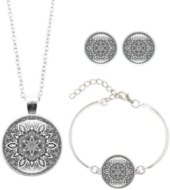 Juego de 3 piezas de joyería de flores de mandala collar de loto pulsera aretes cabujón de cristal fiesta religiosa yoga budismo