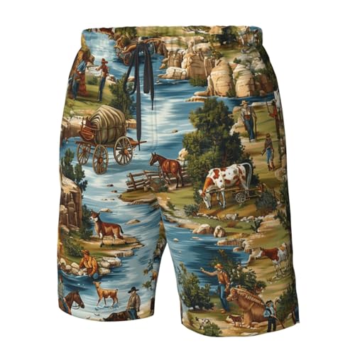 Men's Quick Dry Swim Shorts Cowboys Western Old West Landscape Horses Vintage Beach Trunks with Pockets4