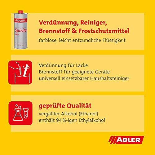 ADLER Spiritus - 1 L - Hochwertiger Spiritus Verdünnung, Reiniger und Brennstoff. Der Allrounder für Haushalt, Auto, Gewerbe und Industrie
