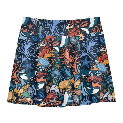 Aflyko Girls Pleated Skater Skirt Summer Turtle Crab Lobster Coral High Waist Cheerleading Dress Dance Skort with Lining Shorts Weekend Date Outfit Short Bottoms, 9-10Y