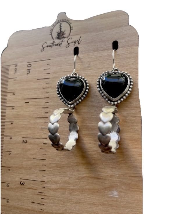 Miniatura 5 de Sterling Silver 925. Large Onyx Chunky Southwest Infinity Heart Dangle French Hook Earrings. Made in the heart of New Mexico.