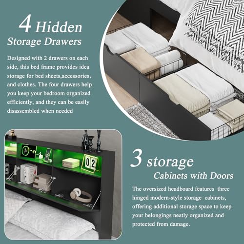 Image of 2 Pieces Bedroom Set, Queen Size Bed Frame with Storage Headboard, Nightstand with Charging Station, Black