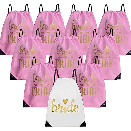 Lady & Home 10 Pieces Bridesmaid Drawstring Bag, Bride Squad Drawstring Bag for Bachelorette Party Gift(Pink)