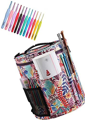 KOKNIT 12pcs Crochet Hooks Set + Yarn Storage Tote, Yarn Organizer Crochet Bag with Knitting Accessories Pockets for Beginners