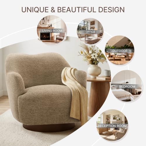 Image of KISLOT, Swivel Accent Chair, Arm Chair with Wooden Base, Sand, Set of 2 | Upholstered Barrel Chair with Curves Camel Back Design, Living Room Bedroom Reading
