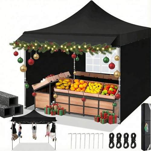 COBIZI 10x10 Pop Up Canopy Tent Heavy Duty with Sidewalls, Outdoor Commercial Canopy with Awning, Waterproof&23 SF Extended Awning, Vendor Tent for Market, Party Events, Black