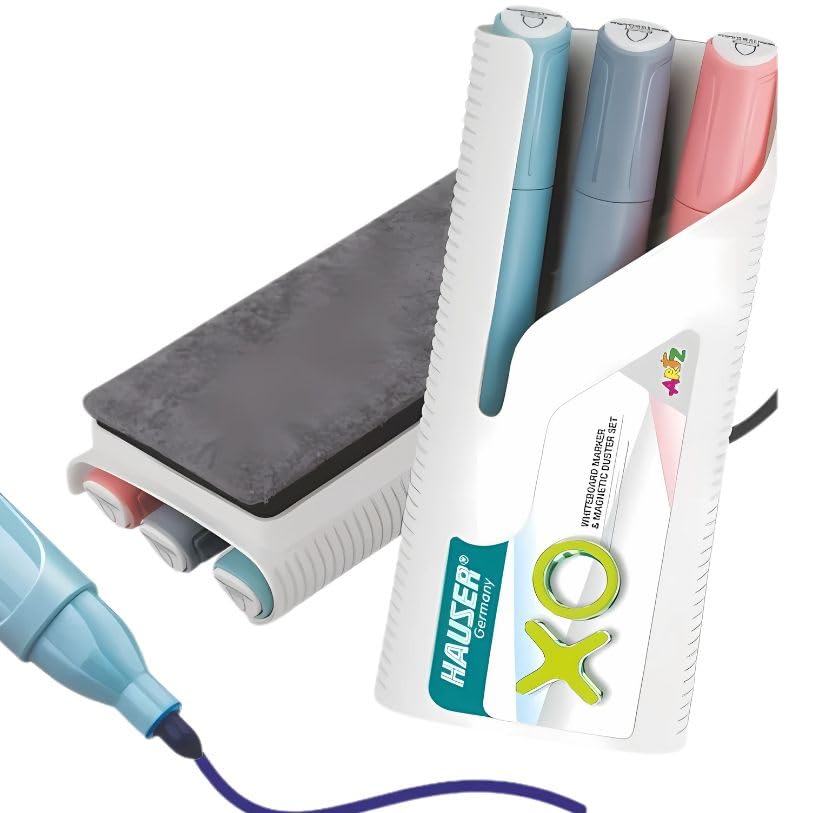 Image of Hauser XO Whiteboard Marker & Magnetic Duster Set - Pack of 3 Markers (Multicolor) with Magnetic Duster | Bullet Tip | Refillable Ink | Ideal for Office, School & Home Use