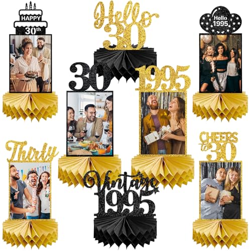 Eucutur 8Pcs 30th Birthday Decorations Honeycomb Centerpieces for Women Men, Black Gold Vintage 1995 30th Bday Photo Table Centerpieces Party Supplies, Glitter Cheers to 30 Year Old Bday Table Topper