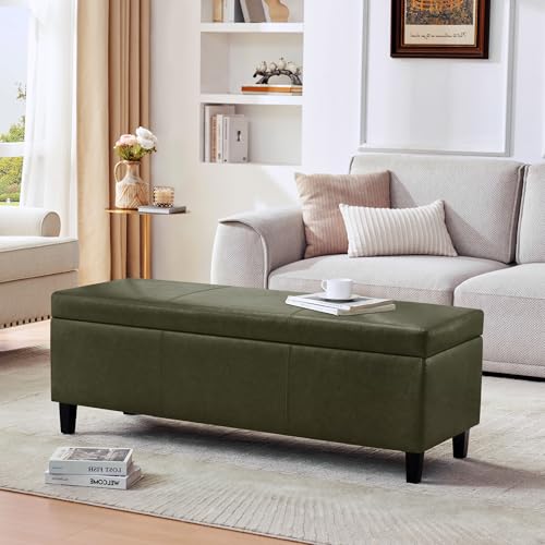 Image of Storage Ottoman Bench 50.3 inch Faux Leather Upholstered End of Bed Bench,Green
