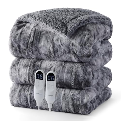 Image of Bedsure Faux Fur Tie-Dye Heated Blanket King Size with Dual Control, Grey