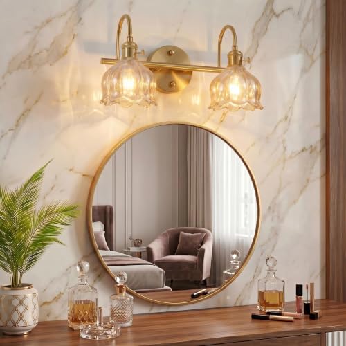 Image of Bathroom Light Fixtures, 3-Light Brass Vanity Wall Light with Amber Tulip Glass Shades, Vintage Wall Sconce Over Mirror for Bathroom, Bedroom, Living Room (Bulbs Not Included) (Amber, 2-Light)