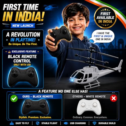 Image of New Age RC Flying Helicopter for Kids | Hand Gravity Sensor, Auto Safety Sensor, USB Rechargeable, Bright 3D LED Lights | Indoor Remote Control Helicopter Toy | Red | Age 4+ Years (Millitary)