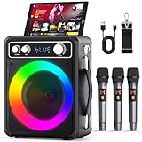 VOSOCO Karaoke Machine, Portable Bluetooth Karaoke Speaker with 3 Wireless Rechargeable Microphones, PA System for Adults Kids with LED Lights & Echo Adjustment, Supports TWS/TF/USB/AUX for Home Party