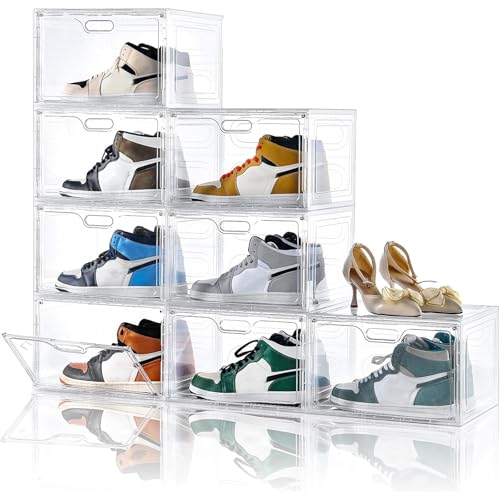 Image of Amllas 8 Pack Shoe Boxes Clear Plastic Stackable, Large Shoe Storage Organizer with Lids,Drop Side Shoe Containers for Entryway,Sneaker Storage Fit up to US Size 13 (13''x 10.6 inchx 8.3 inch)