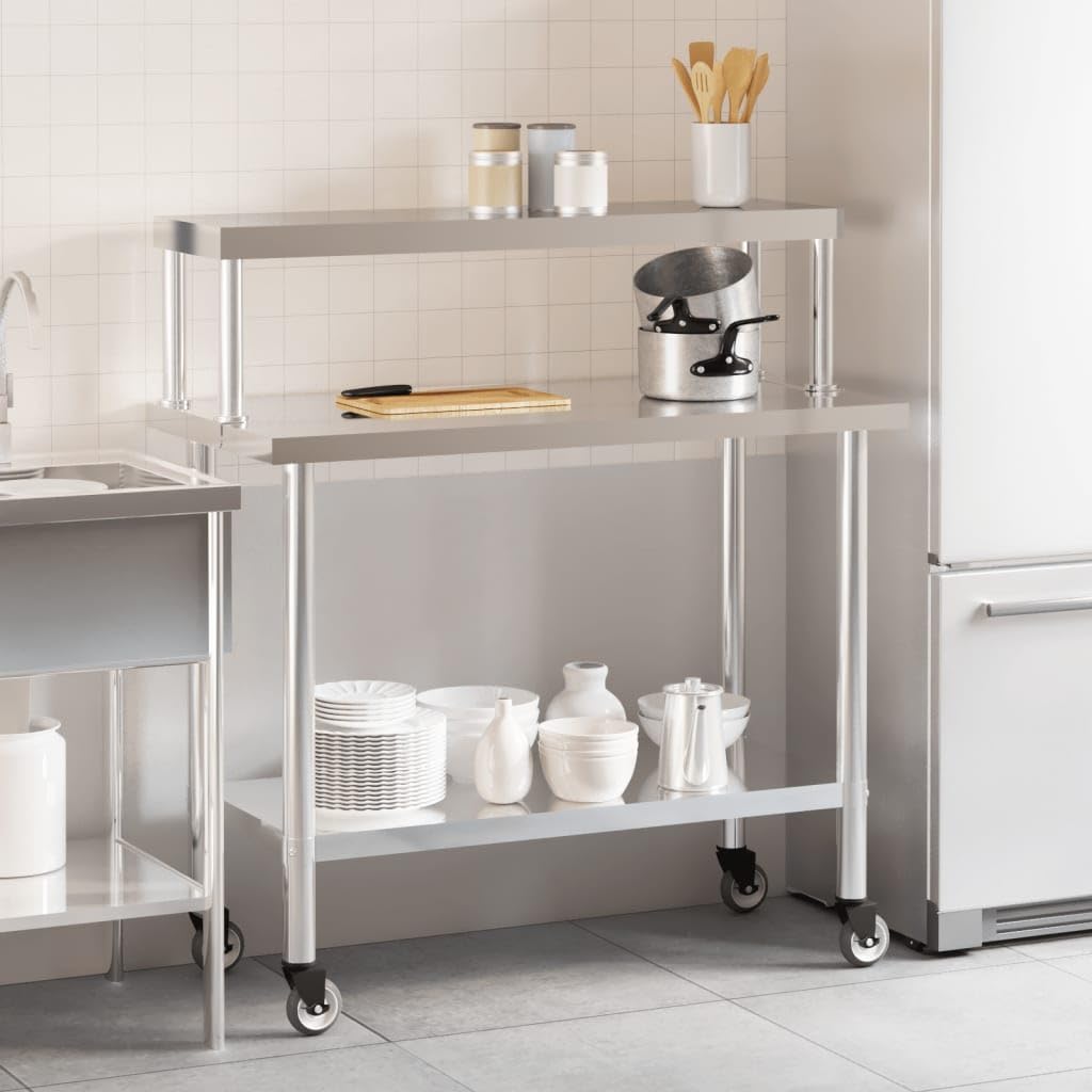 Mesa de trabajo de cocina de acero inoxidable, 110 x 55 x 120 cm, 4 ruedas, con freno, para gastronomía, restaurante, cafetería, bar, hotel, cantina, acero inoxidable