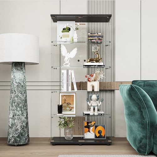 FLYMUHJIA Curio Cabinets with Tempered Glass High Cabinet with Shelves Glass Case for Display Showcase Collectibles for Living Room, Bedroom, (5-Shelf Double Door, Black) - Thumbnail 3