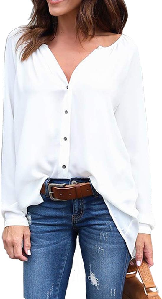 Heymiss Chiffon Blouses for Women Button Down V Neck Casual Long Sleeve Plus Size White M