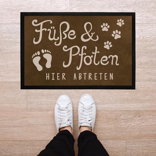 MoonWorks® Fußmatte Füße und Pfoten Hier abtreten Spruch lustig Hund Katze Haustier-Besitzer rutschfest & waschbar Schwarz 60x40cm