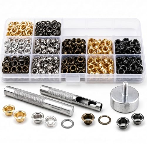 VGOODALL Ösen Werkzeug Kit 400pcs Ösen Set 6mm 4 Farben Ösen Scheiben Ösenzange mit 3tlg Werkzeugset für DIY Leder Handwerk Stoff