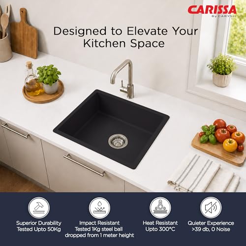 Image of Carissa By Carysil Titanium Max Quartz Kitchen Sink 21 x 18 x 8 inches, Single Bowl Granite Sink with 80% Quartz & 20% Resin, Heat Resistant 300C, 50kg Load Bearing, Stain Resistant - Z-Black